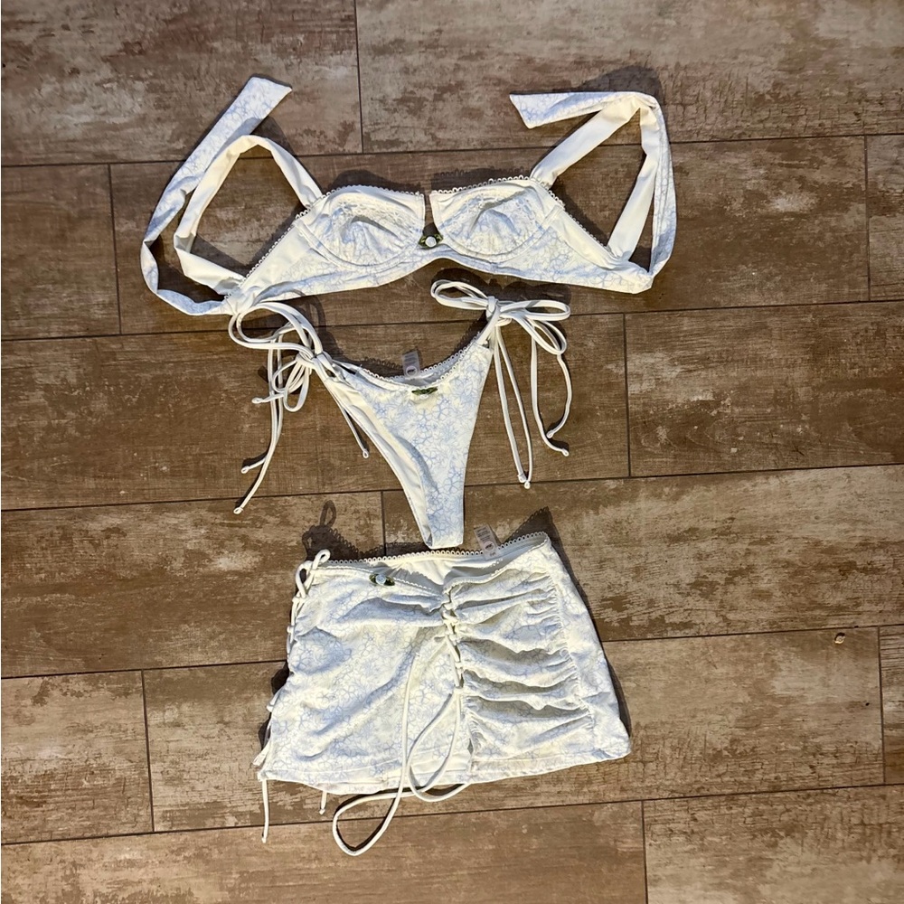 Haute Swimwear White and Blue Floral 3-Piece Bikini Set with Skirt
